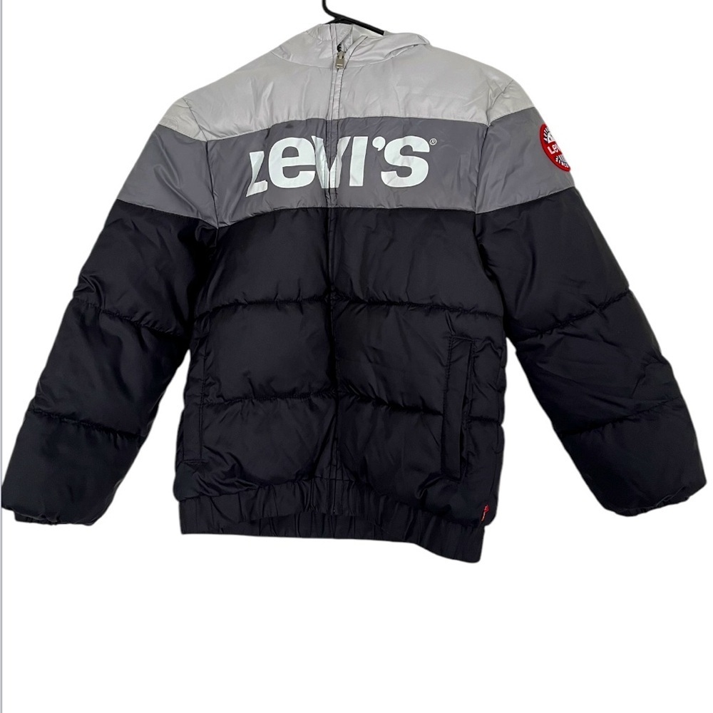 Levi’s Puffer Coat Hooded Full Zipper Jacket Grey Black Waterproof Kids Size M